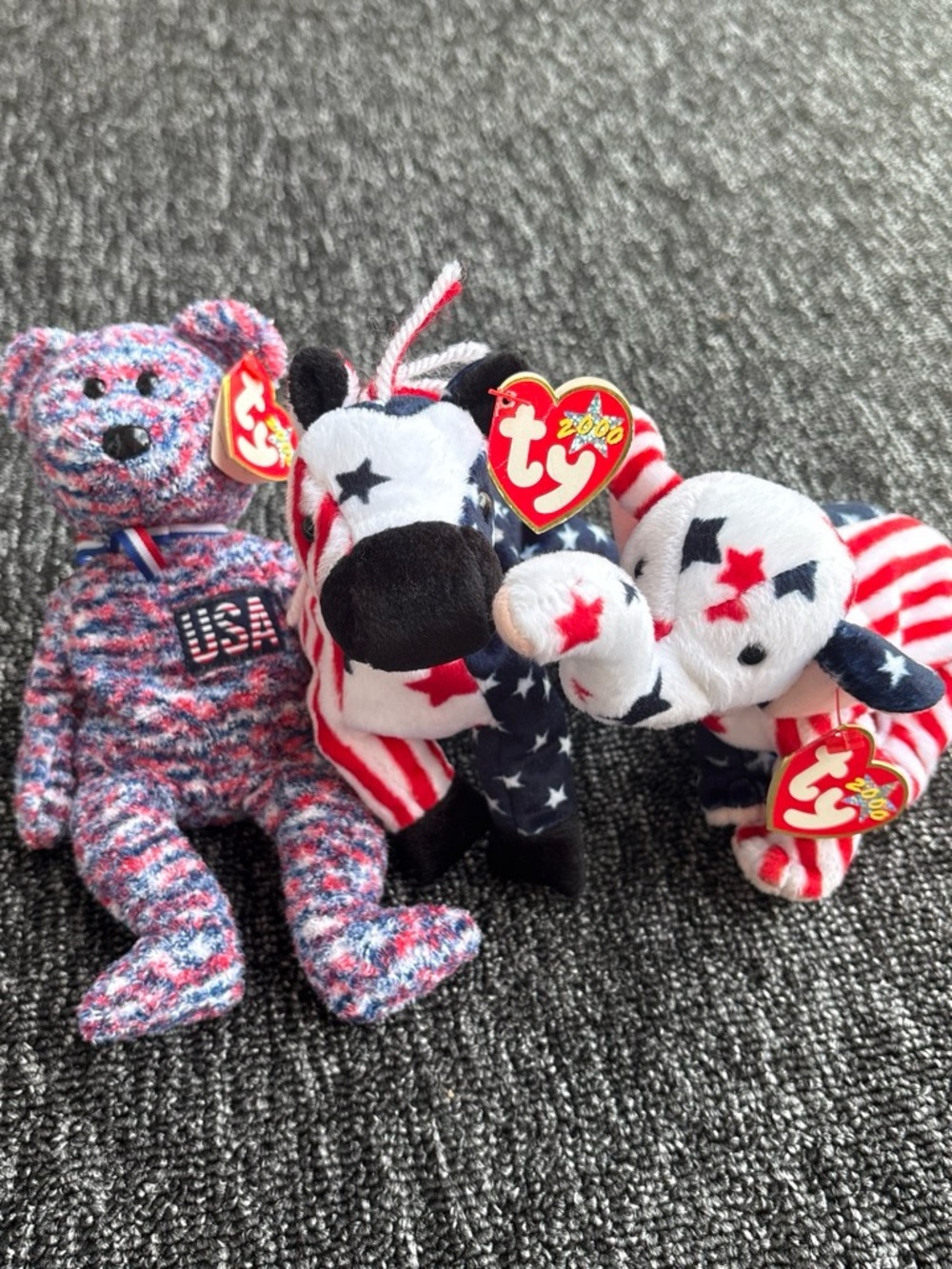 Ty Patriotic Bear, Horse & Elephant Plush Trio - Red White Blue
